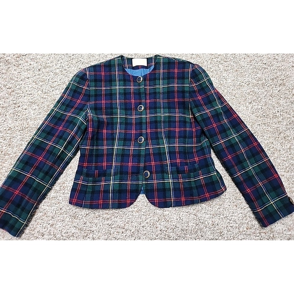 Vintage Pendleton Blazer Jacket 10‎ Blue Green Wool Tartan Plaid Career Holiday